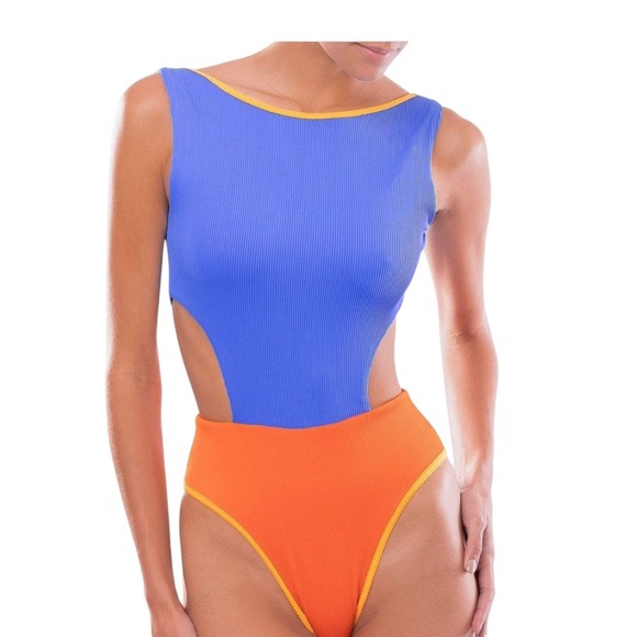 NWT‎ Ribbed Colorblock One Piece Cut Out Swimsuit Sz Small - Picture 1 of 5